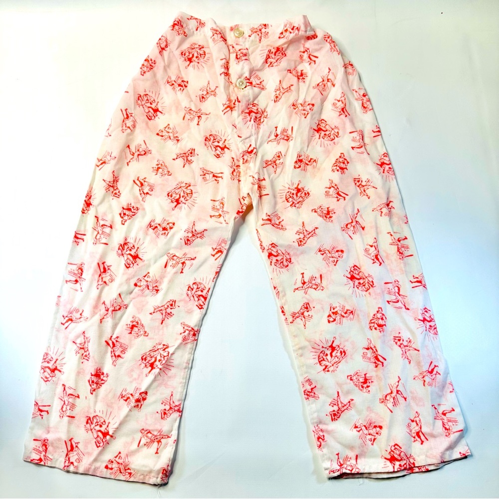 VTG 40s 50s Boys Pajama Pants White With Red Baseball Print Americana Fabric 3T